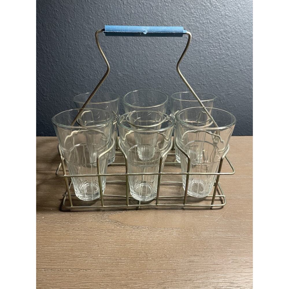 Vintage 6 Glass Juice Tea Tumbler Set w Wire Carrier Mid Century